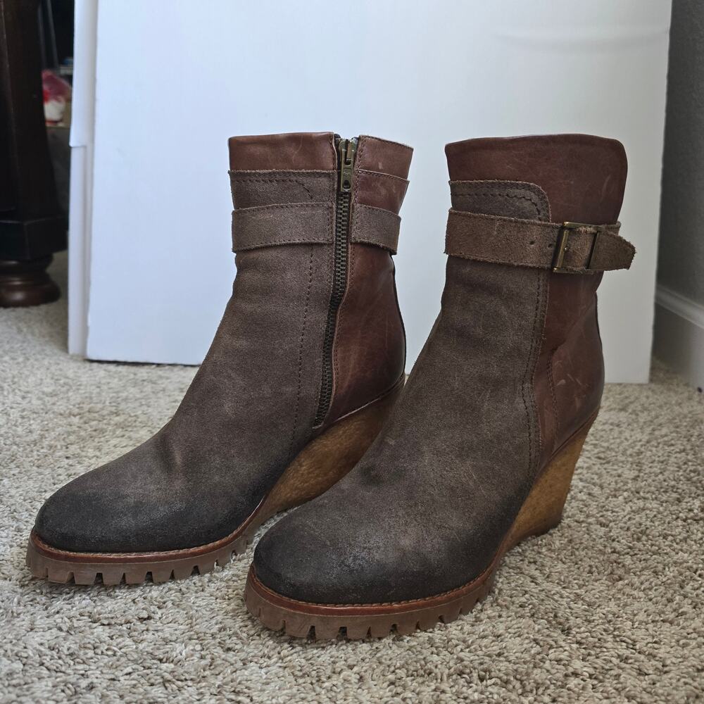 Femme Italian Leather Suede Cork Wedge Ankle Boots EU 38.5 Non Slip Lug Sole